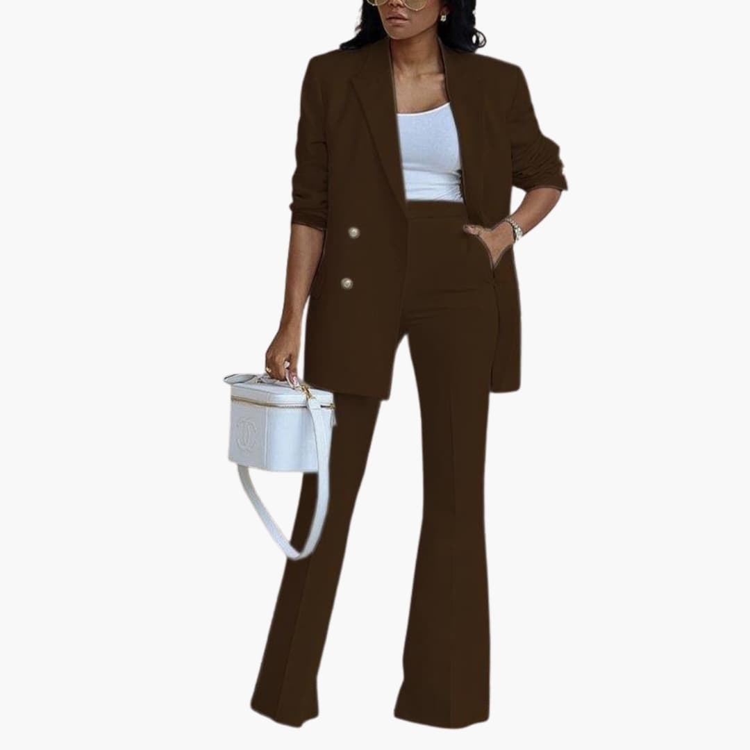 Women's double-breasted longline blazer and high-waisted flared pants suit set for work
