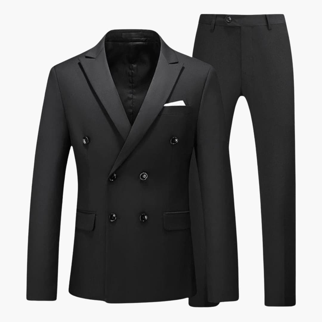 Light gray slim-fit two-piece men's suit set with four-button point collar jacket and matching trousers