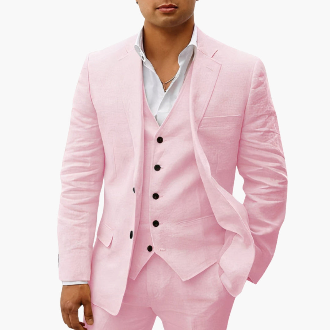 Men's slim fit two-piece suit set with notched lapels, buttoned cuffs, blazer and trousers formal wear