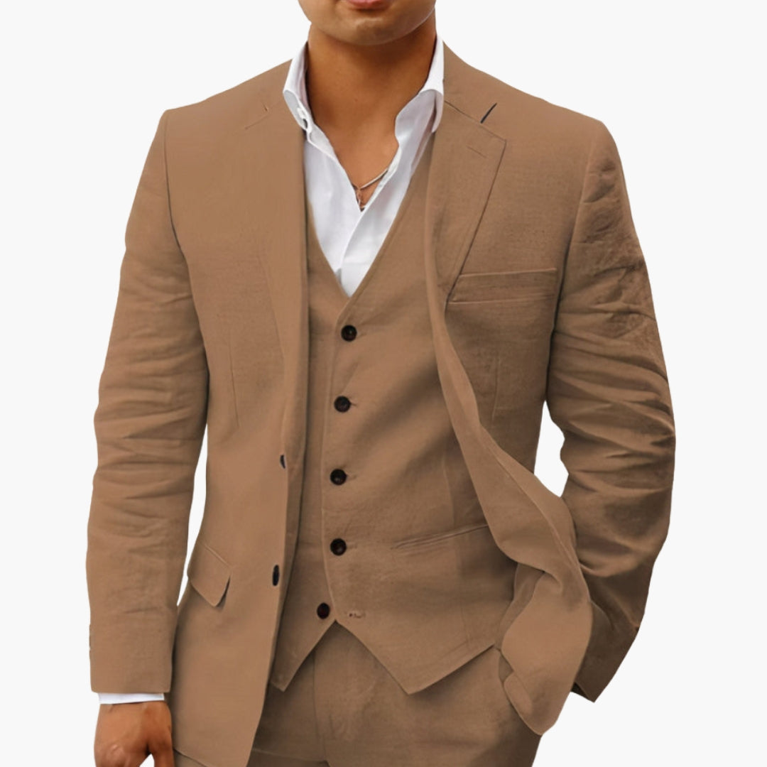 Men's slim fit navy blue two-piece suit set with notched lapels and buttoned cuffs formal wear