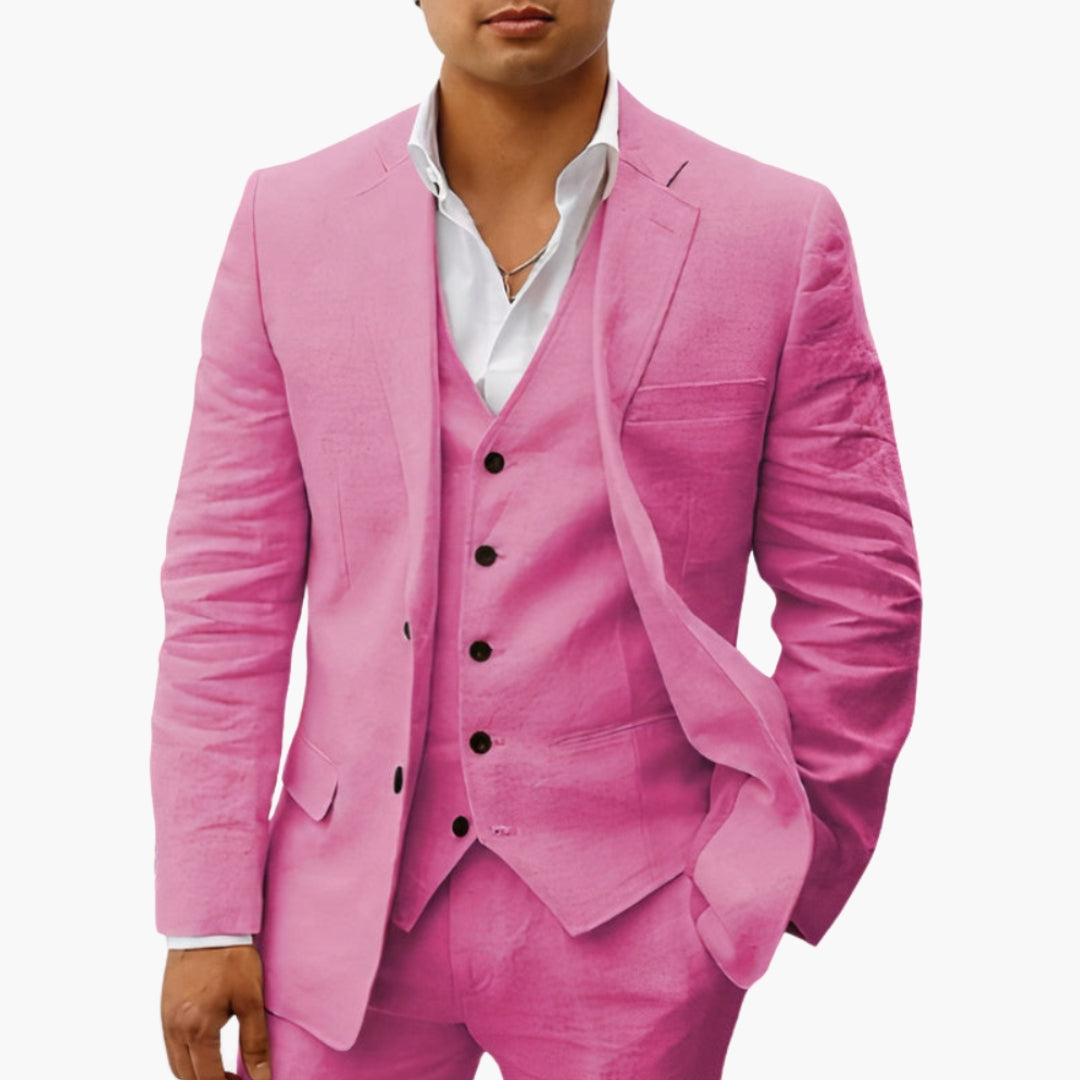 Men's slim fit two-piece suit set in classic cut with notched lapels and buttoned cuffs for formal wear