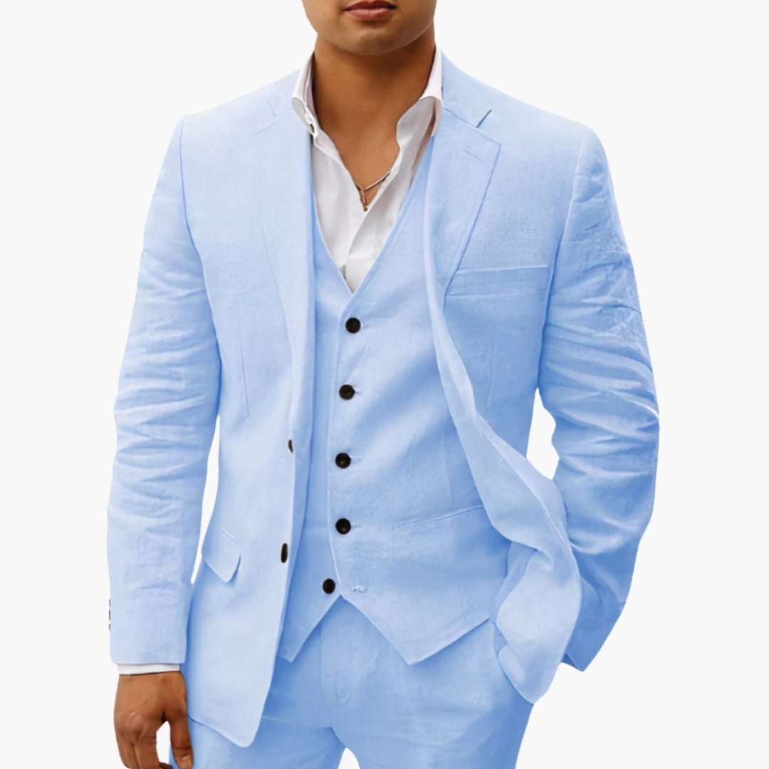 Men's slim fit two-piece suit set with notched lapels, buttoned cuffs, blazer and trousers formal wear
