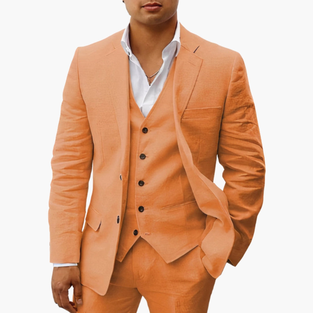 Men's slim fit two-piece suit set with blazer, notched lapels, buttoned cuffs, formal style