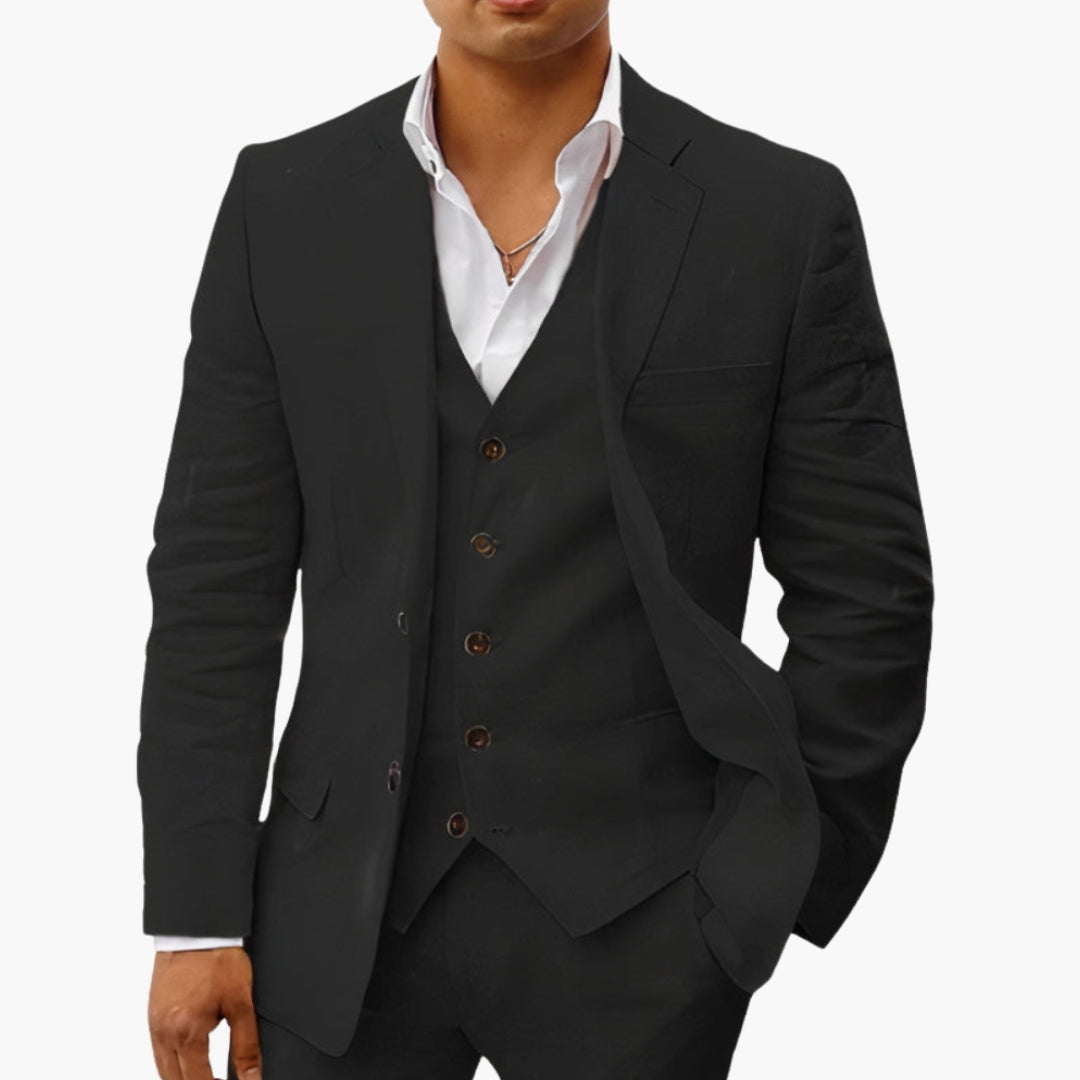 Men's slim fit two-piece suit set in classic cut with notched lapels and buttoned cuffs for formal wear