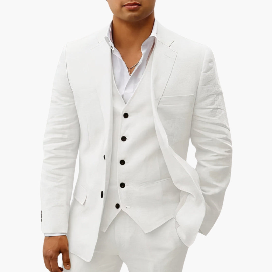 Men's slim fit two-piece suit set with blazer, notched lapels, buttoned cuffs, formal tailored style