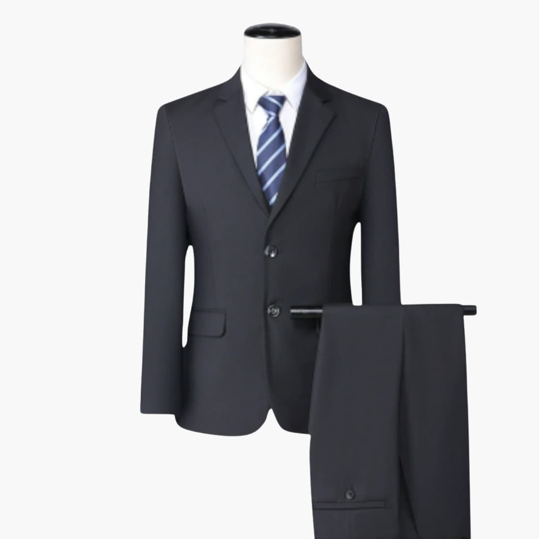 Men's fitted navy suit set notch lapel two-button jacket flat front trousers formal occasion