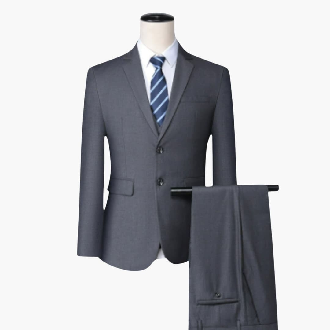 Men's fitted navy notch lapel two-button suit set with flat front trousers for formal occasions