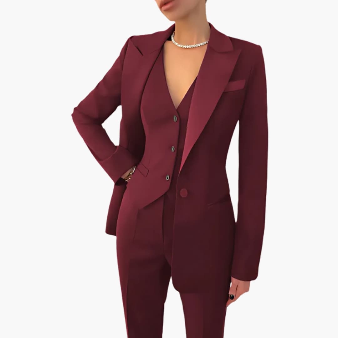 Women's black three-piece tailored suit set with blazer, buttoned vest, and matching pants