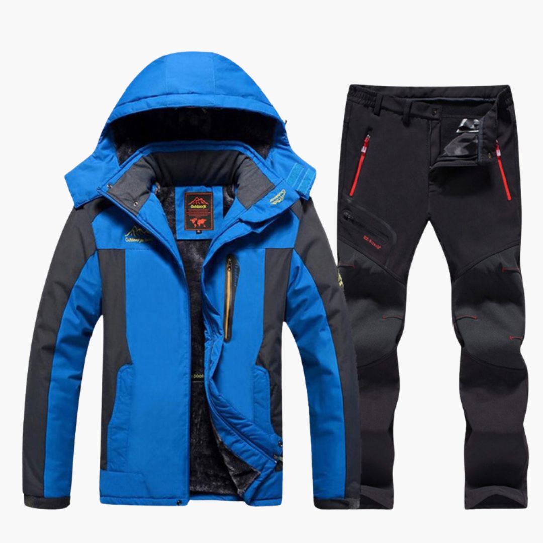 Men's insulated winter set fleece-lined jacket and pants with adjustable hood, cold-weather ready