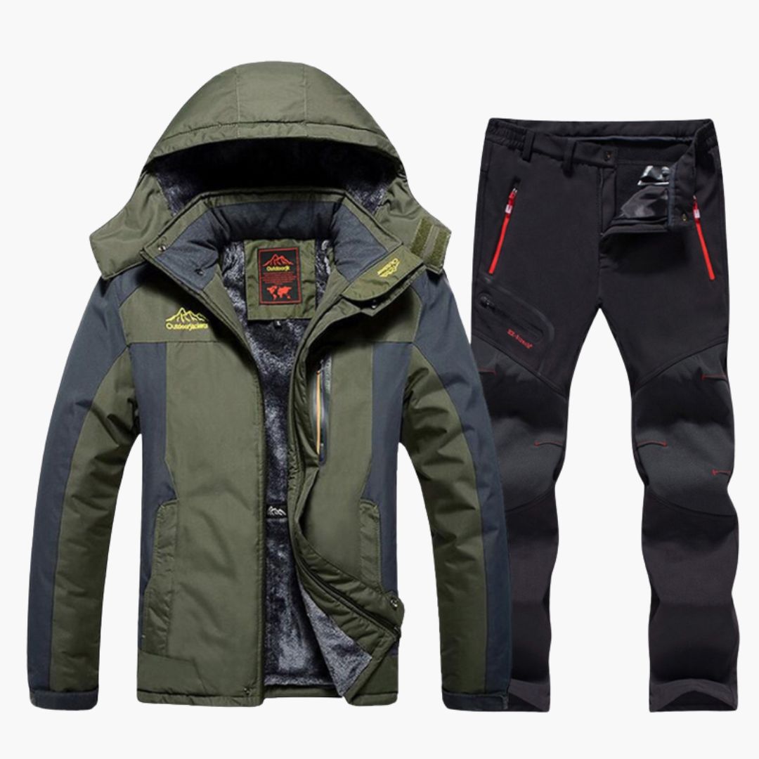 Men's insulated fleece-lined winter jacket and pants set with zip closure and adjustable hood