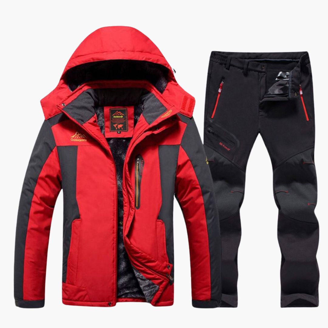 Men's insulated winter set fleece-lined jacket and pants with adjustable hood, cold-weather outdoor style