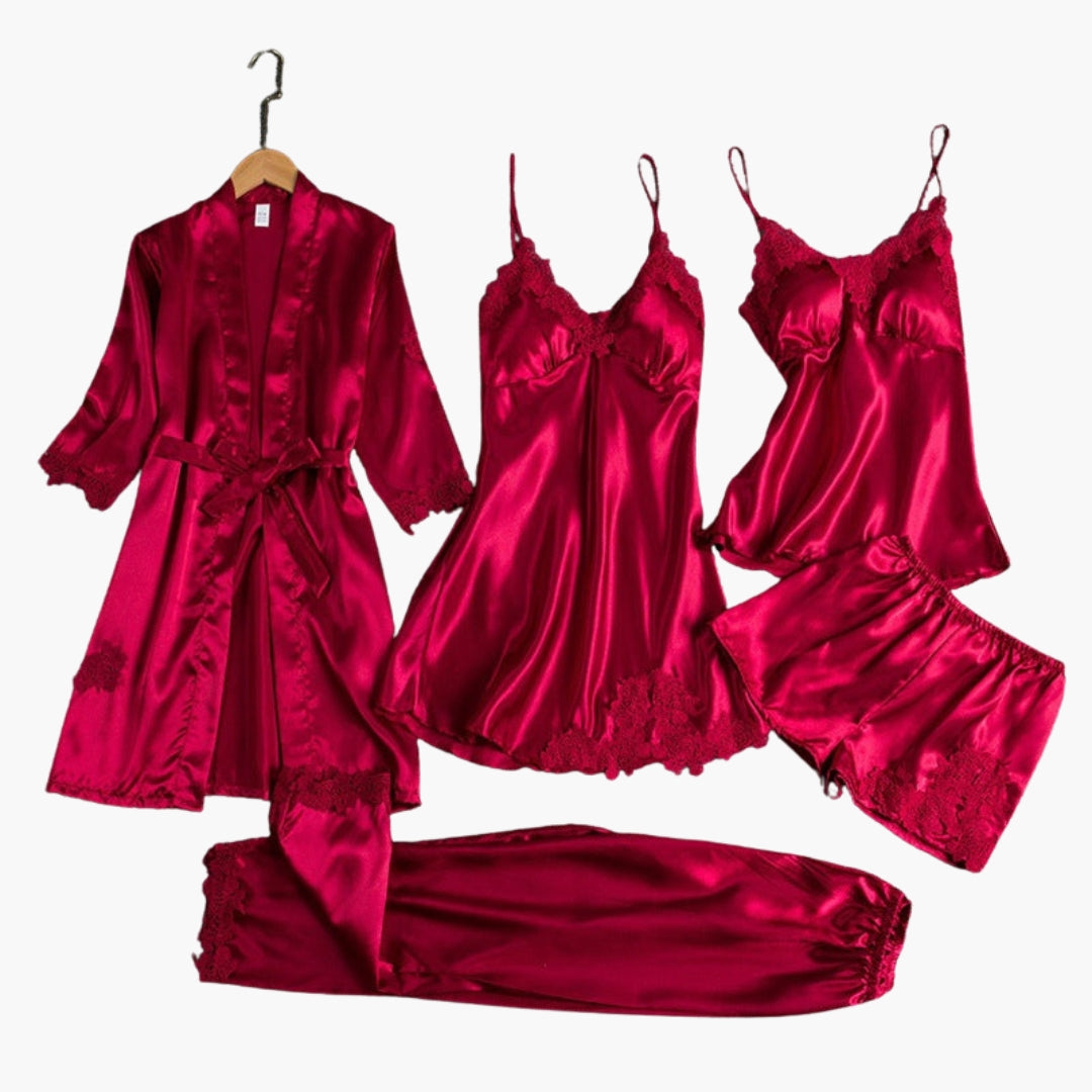 Women's lace trim pajama set with robe belt slip dress and elastic waist shorts elegant comfort