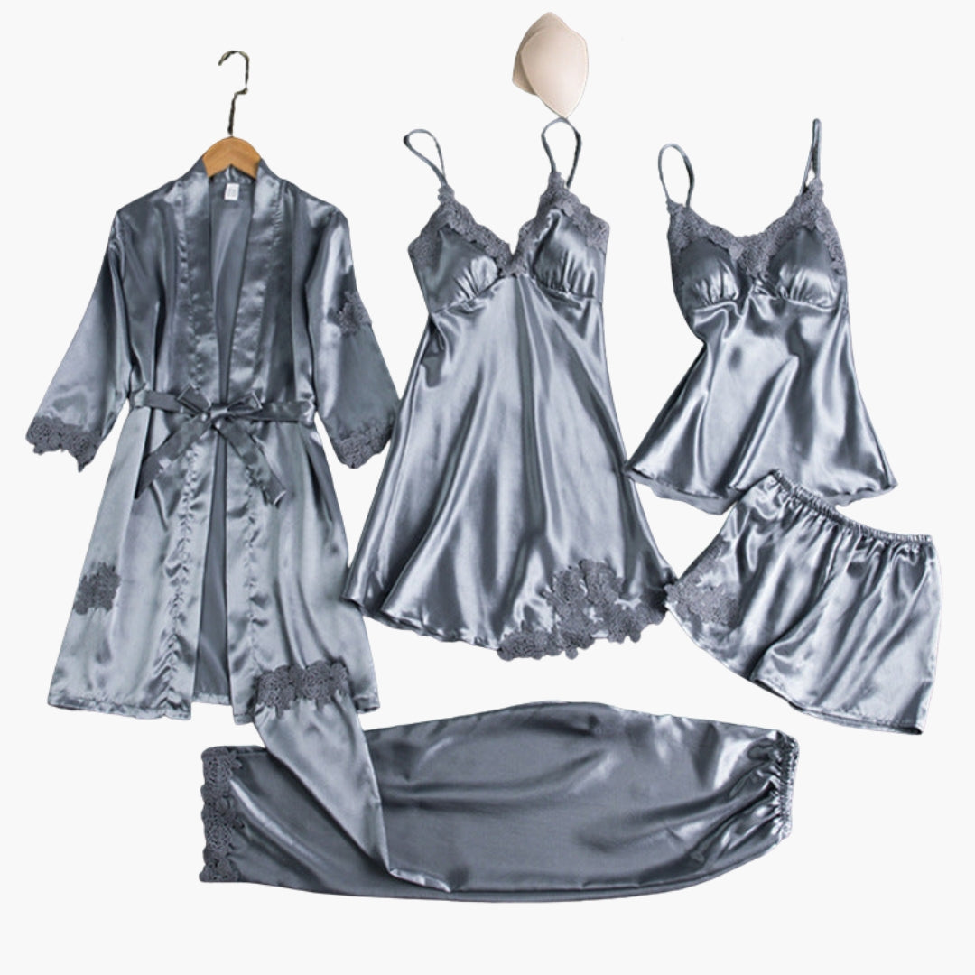 Women's lace trim pajama set with robe belt slip dress elegant ivory sleepwear shorts