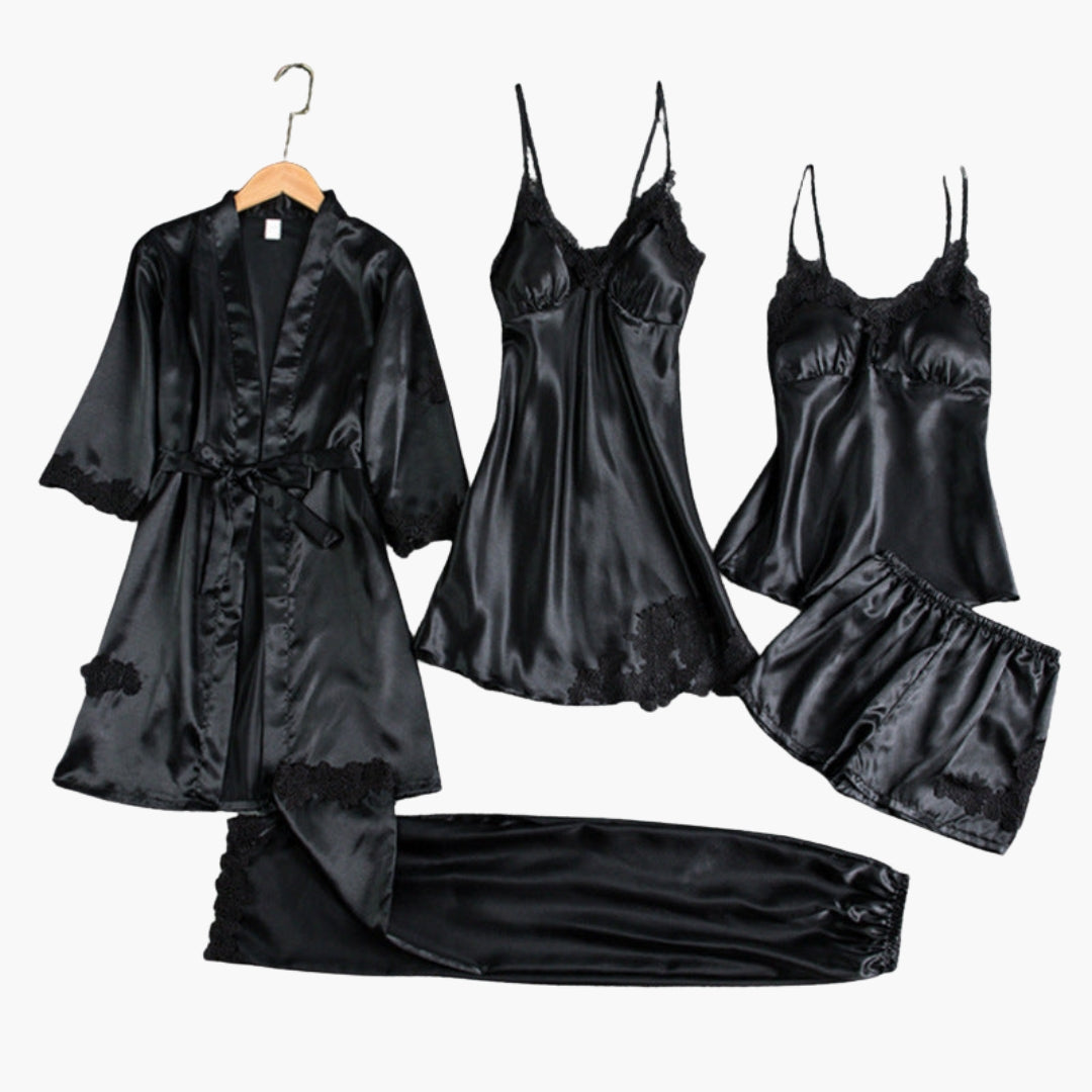 Women's lace trim pajama set with robe belt slip dress and shorts elegant sleepwear