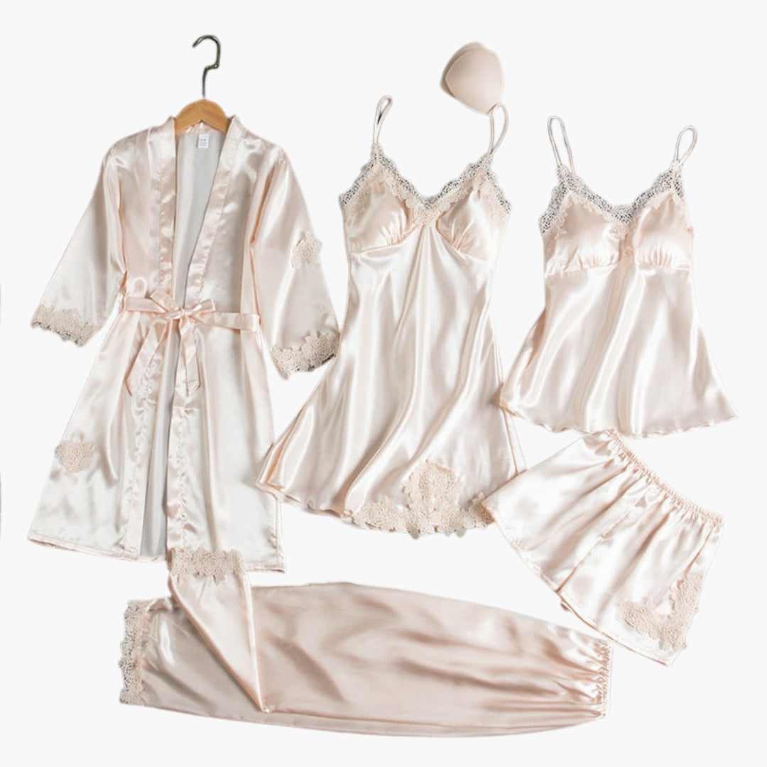 Women's lace trim pajama set with robe belt slip dress elastic waist shorts elegant comfort