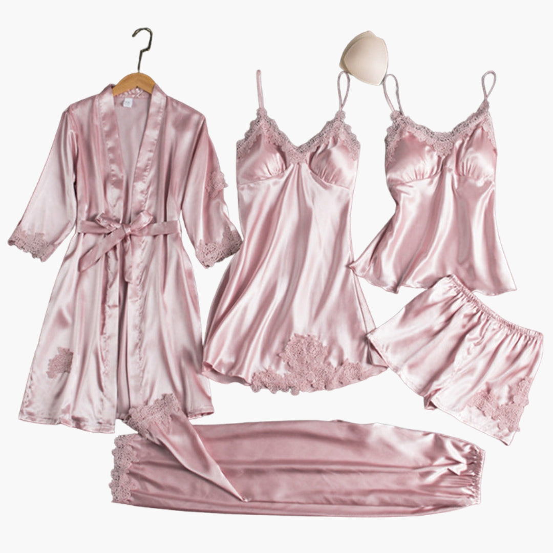 Women's lace trim pajama set with robe belt slip dress and elastic waist shorts elegant comfort