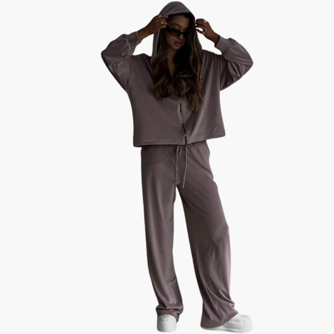 Women's tracksuit set zip-up hoodie jacket wide leg pants sporty minimalist active wear