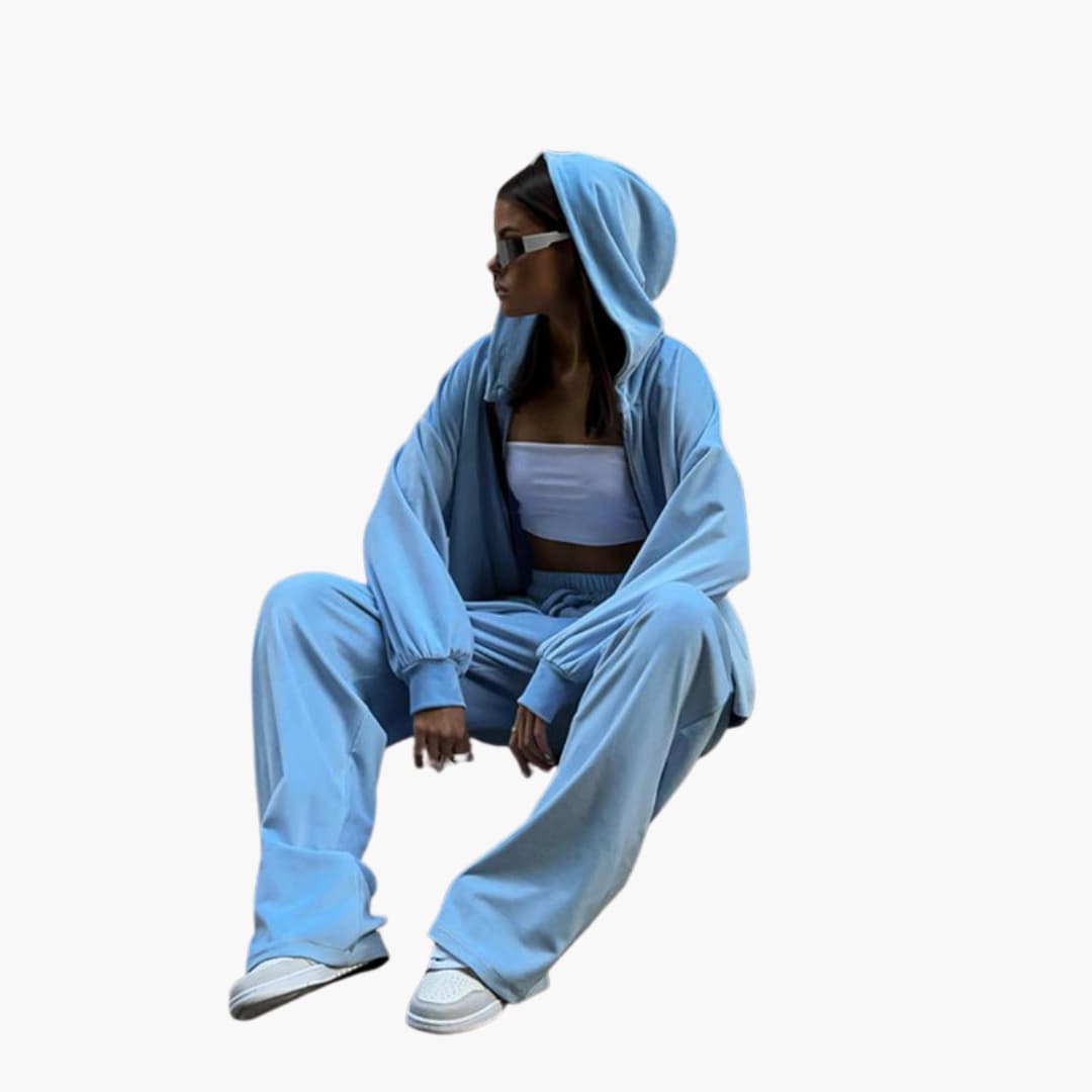 Women's zip-up hoodie tracksuit set with wide-leg pants, sporty minimalist style in neutral tone