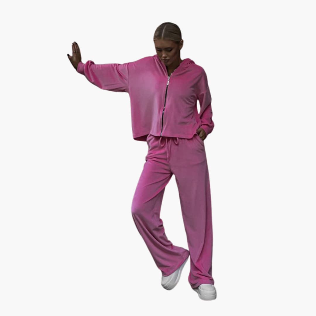 Women's zip-up hoodie tracksuit set with wide-leg pants, sporty minimalist style