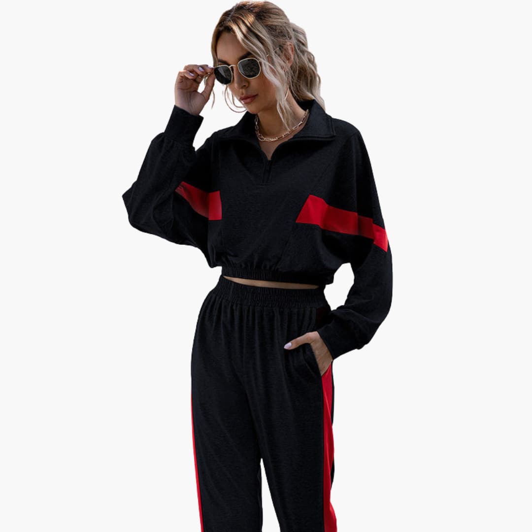 Women's two-piece sport set crop top high zip collar elastic cuffs coordinated activewear outfit