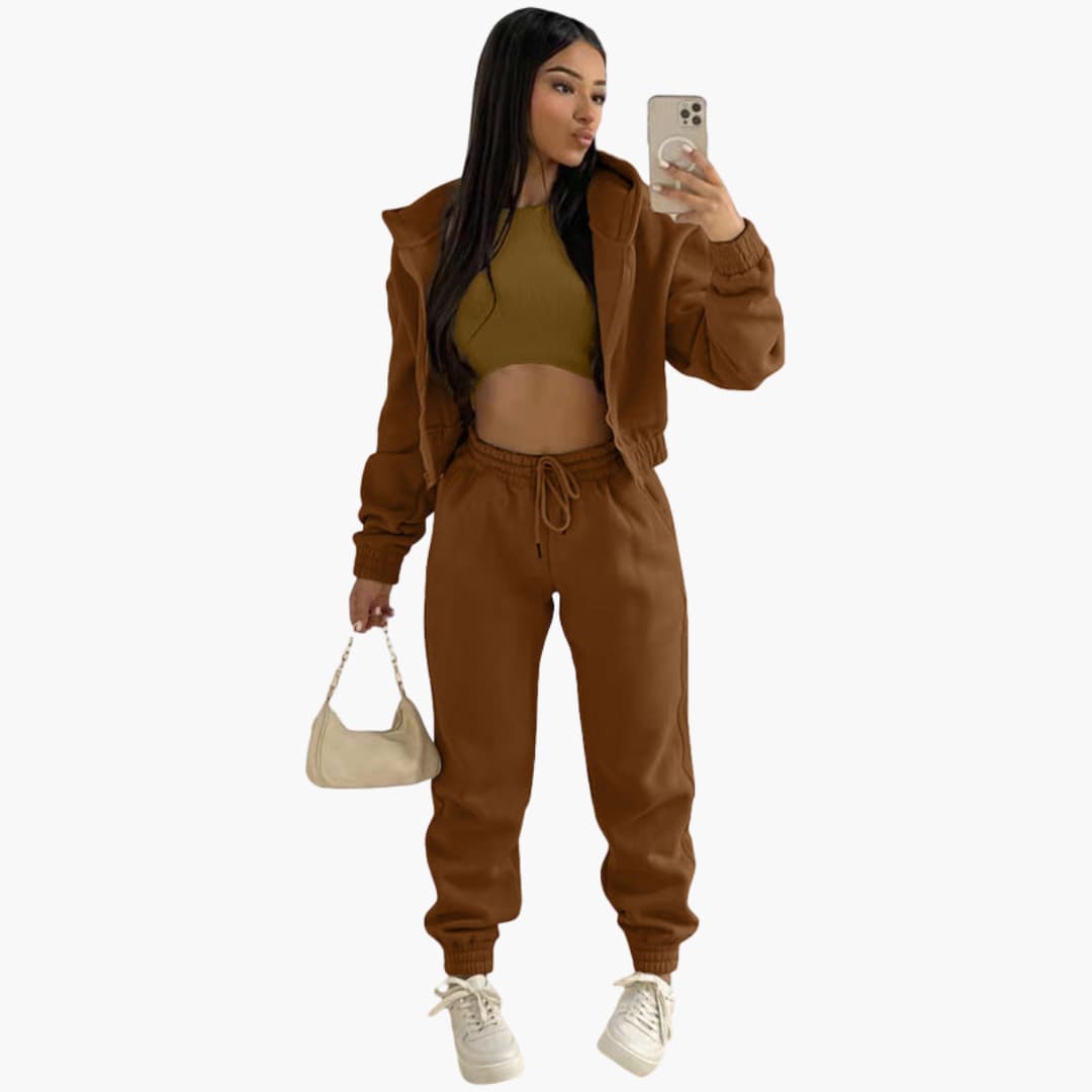 Women's gray sports set high waist drawstring pants long sleeve top activewear