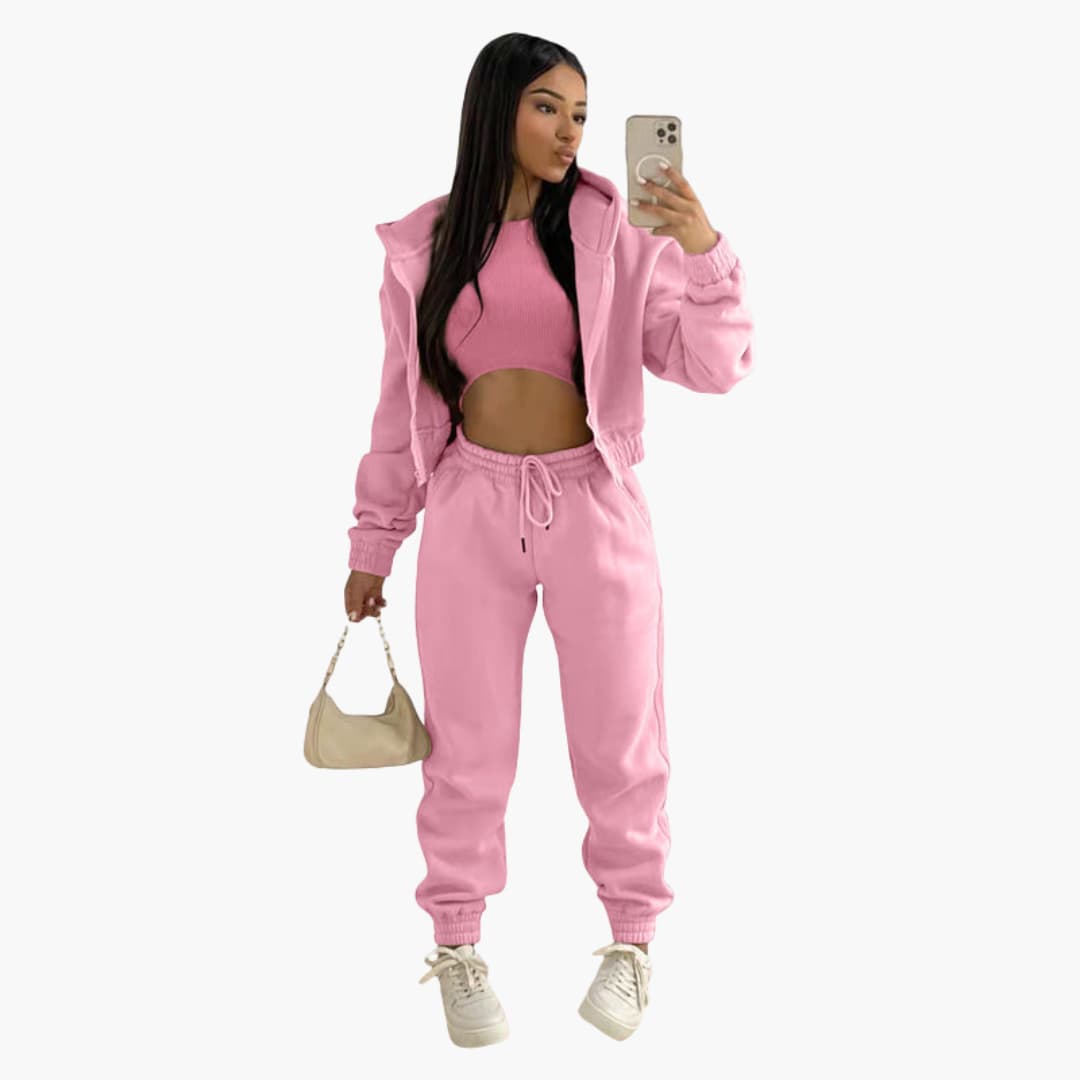 Women's gray sports set high waist drawstring pants long sleeve top activewear