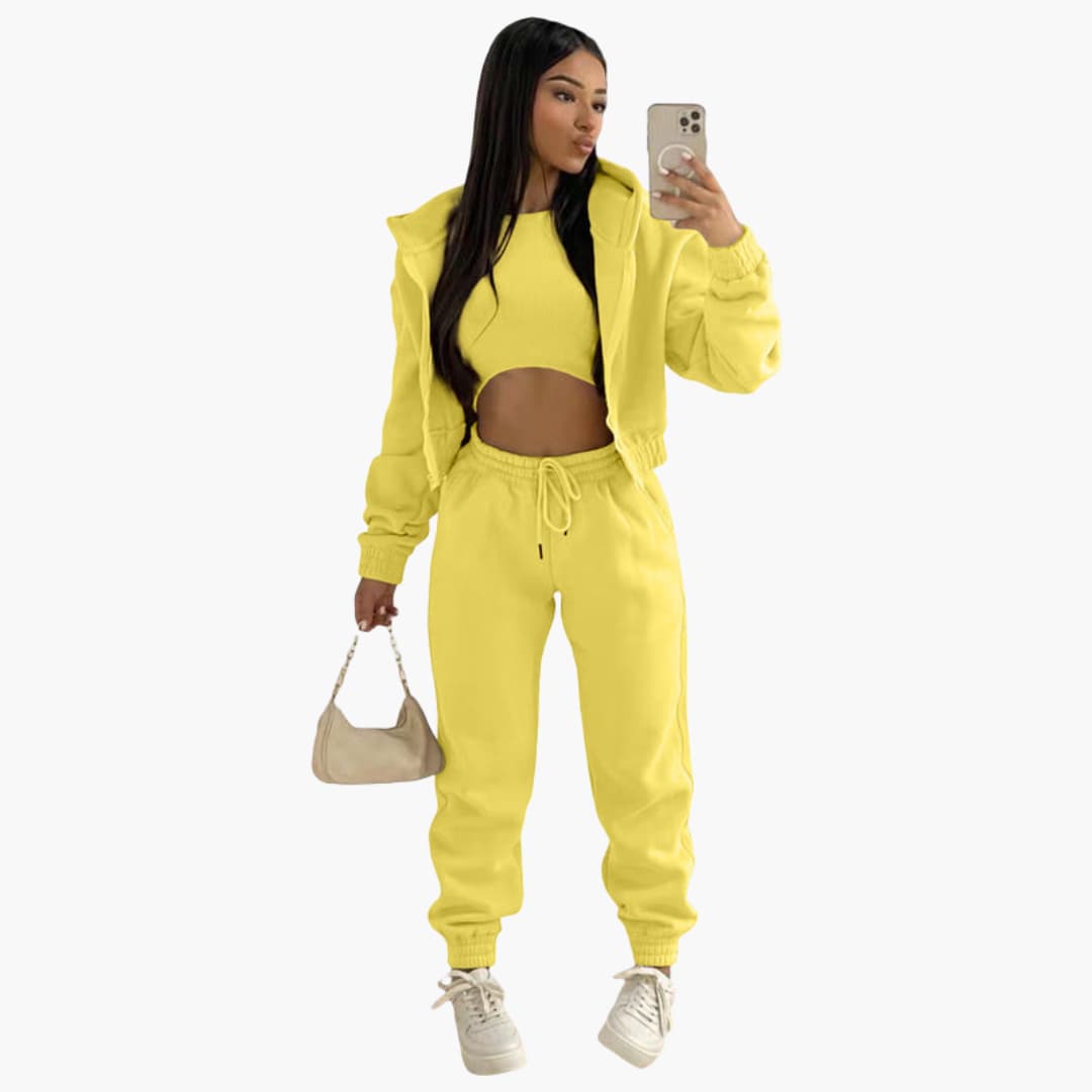 Women's sport set high waist drawstring pants long sleeve top activewear stretch fit