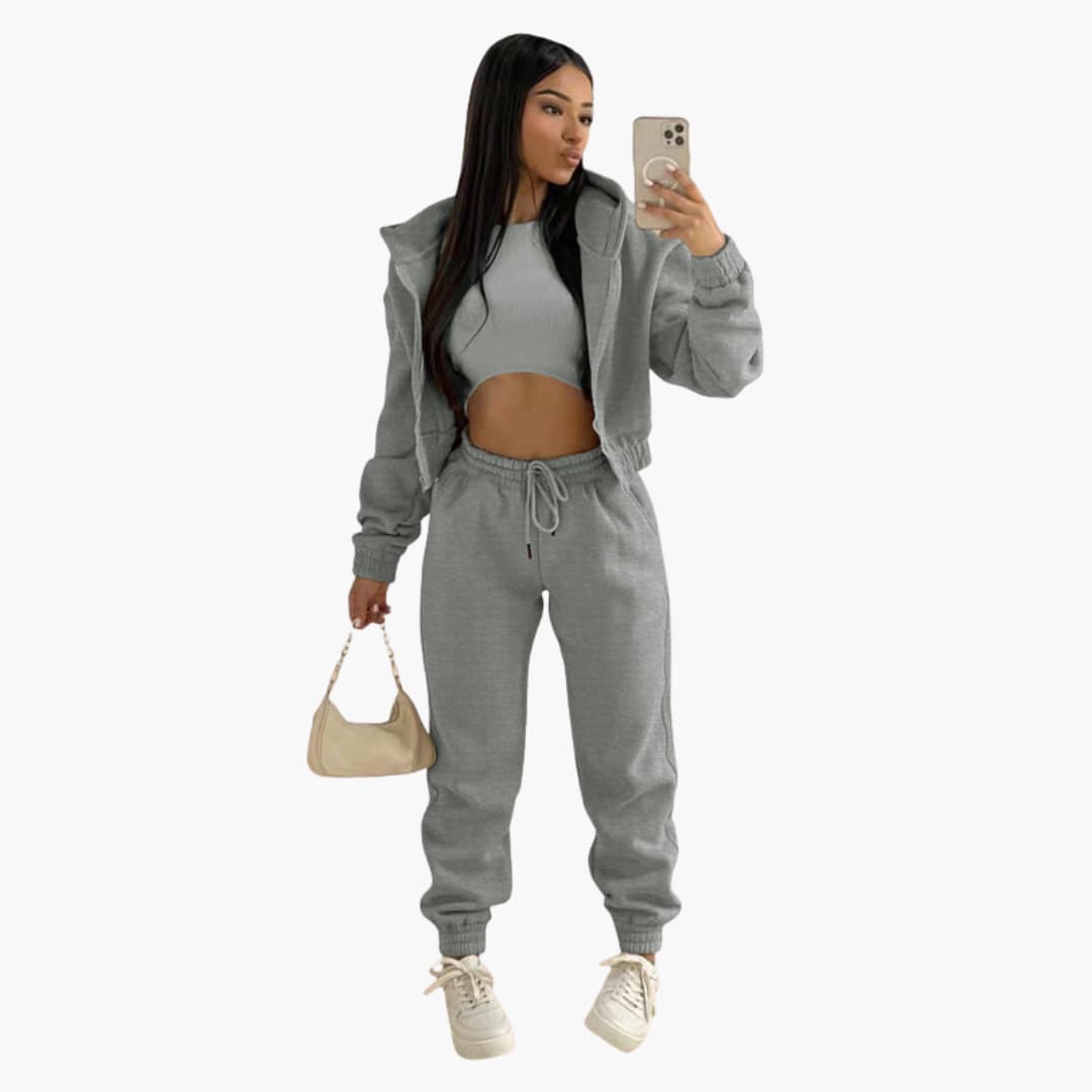 Women's gray sports set high waist drawstring pants long sleeve top activewear