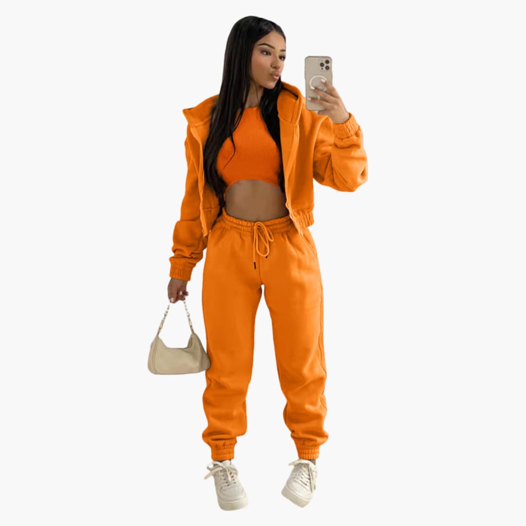 Women's gray sports set high waist drawstring pants long sleeve top active athletic wear