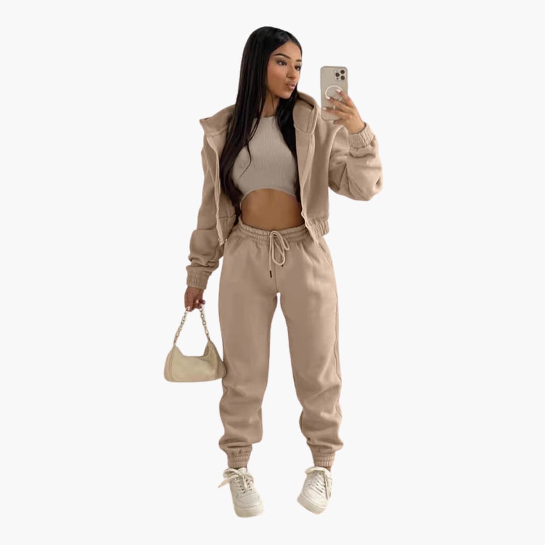 Women's athletic set high-waist drawstring pants long sleeve top activewear with elastic waistband