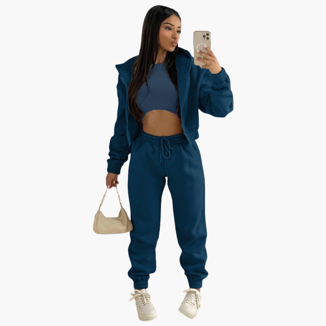 Women's gray sports set high waist drawstring pants long sleeve top activewear