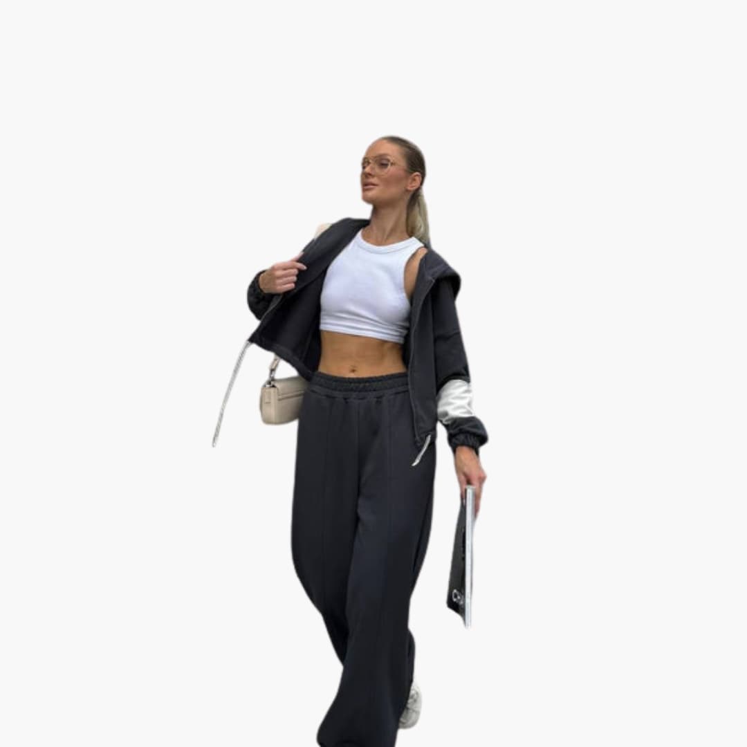 Women's gray sport set long sleeve top elastic waist pants streamlined active workout look