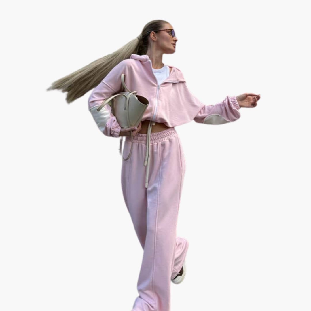 Women's gray sport set long sleeve top elastic waist pants streamlined active workout look