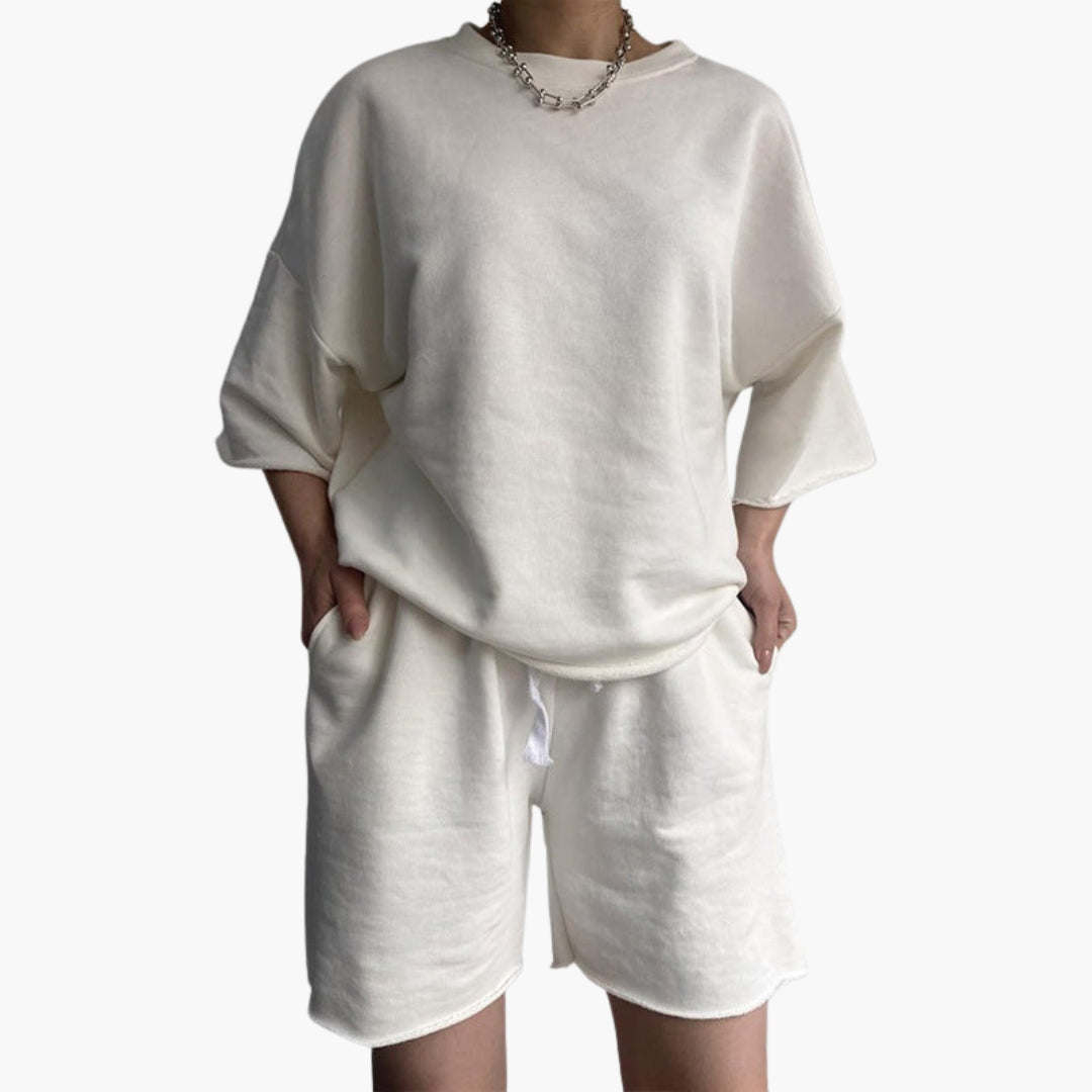 Women's crop top & drawstring shorts sport set, elastic waist two-piece activewear, relaxed wide sleeves