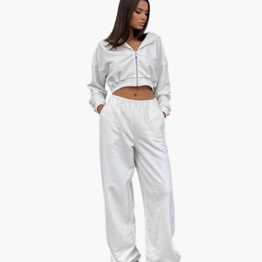Women's gray cropped hoodie two-piece athleisure set with elastic waist pants for active wear