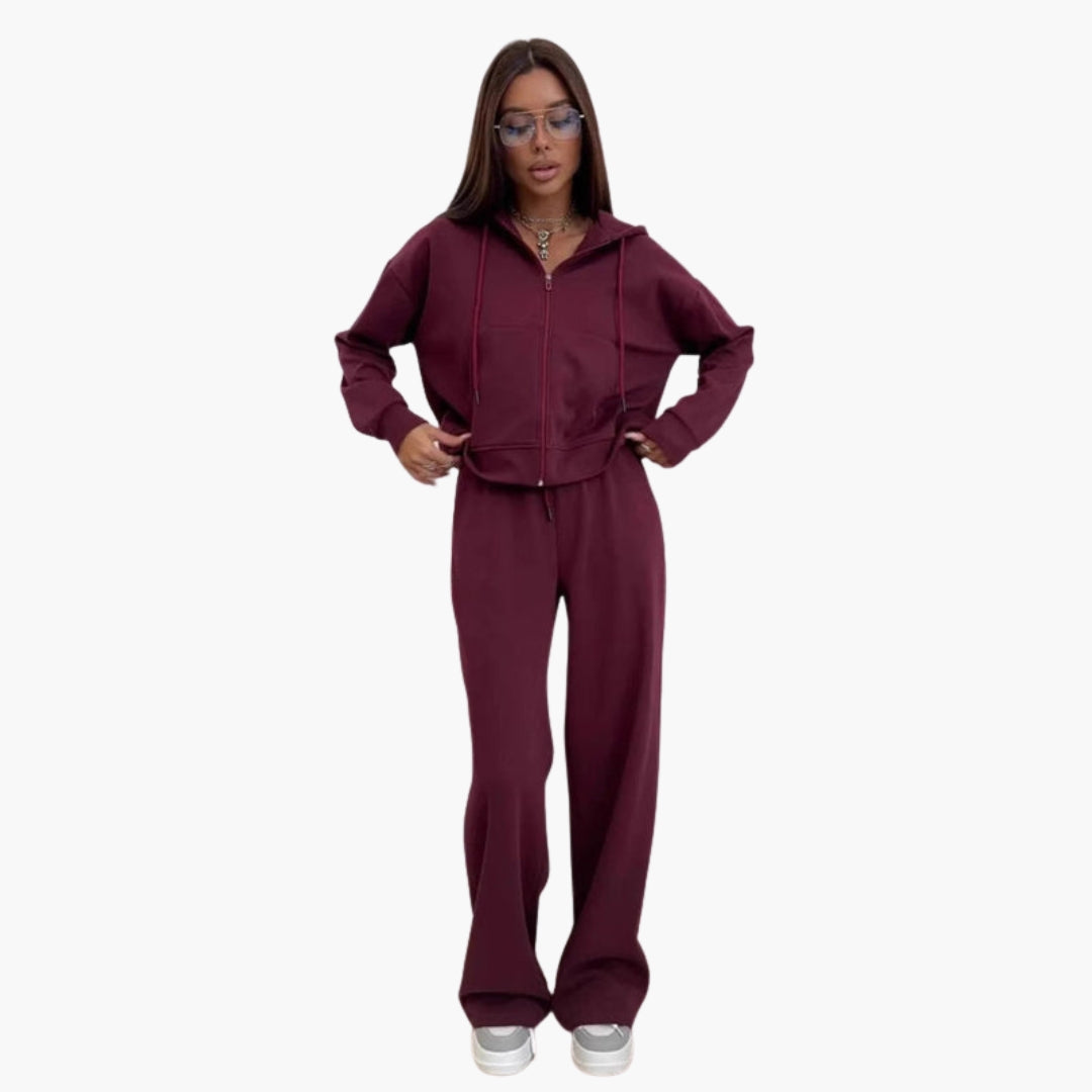 Women's zip hoodie tracksuit set with wide-leg pants, solid color, casual athletic two-piece