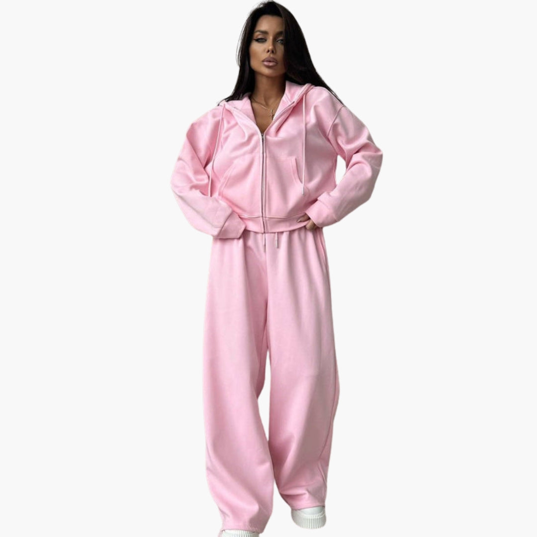Women's zip hoodie tracksuit set with wide-leg pants, solid color, casual athletic two-piece