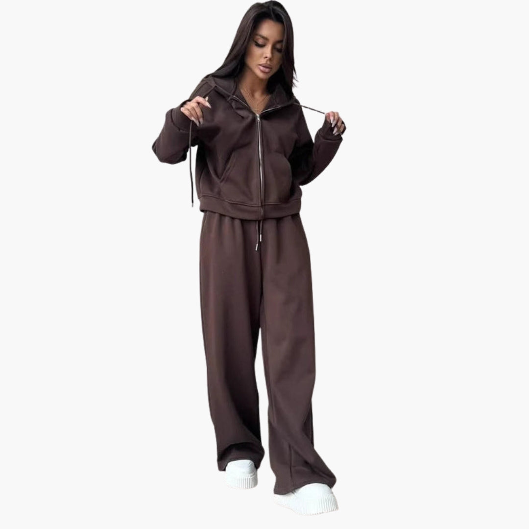 Women's zip hoodie tracksuit set with wide-leg pants, solid color, kangaroo pocket casual athleisure