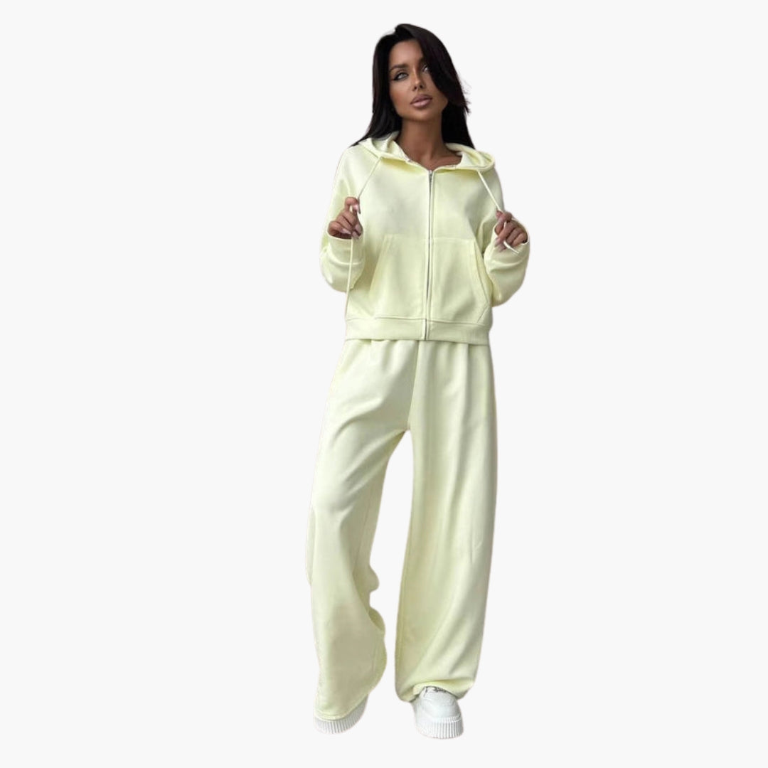 Women's zip hoodie tracksuit set with wide-leg pants, solid color, kangaroo pocket, casual athletic fit