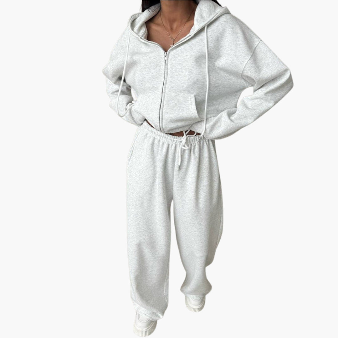 Women's zip hoodie tracksuit set with wide-leg pants, solid color, kangaroo pocket casual athleisure