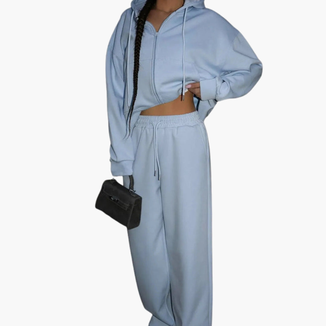 Women's zip hoodie tracksuit set with wide-leg pants, solid color, kangaroo pocket, active casual fit