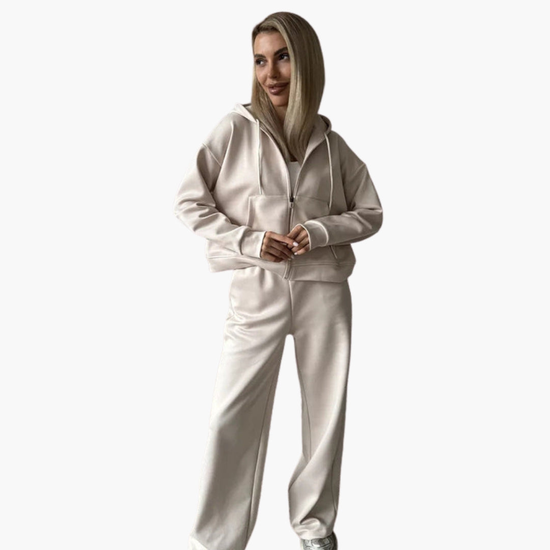Women's zip hoodie tracksuit set with wide-leg pants, solid color, kangaroo pocket, active casual fit