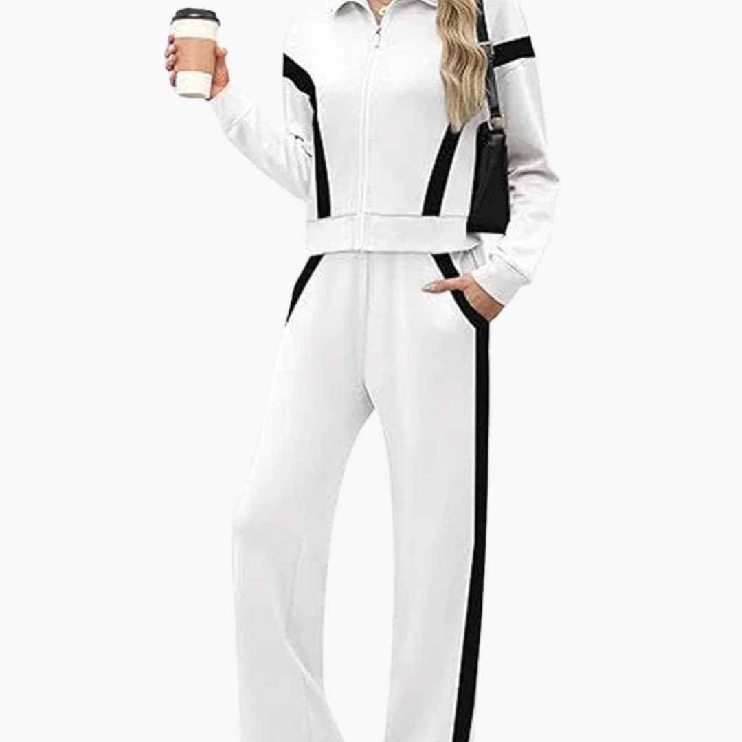 Women's zip-up athleisure set with wide-leg pants, lapel collar jacket, pockets, sporty two-piece