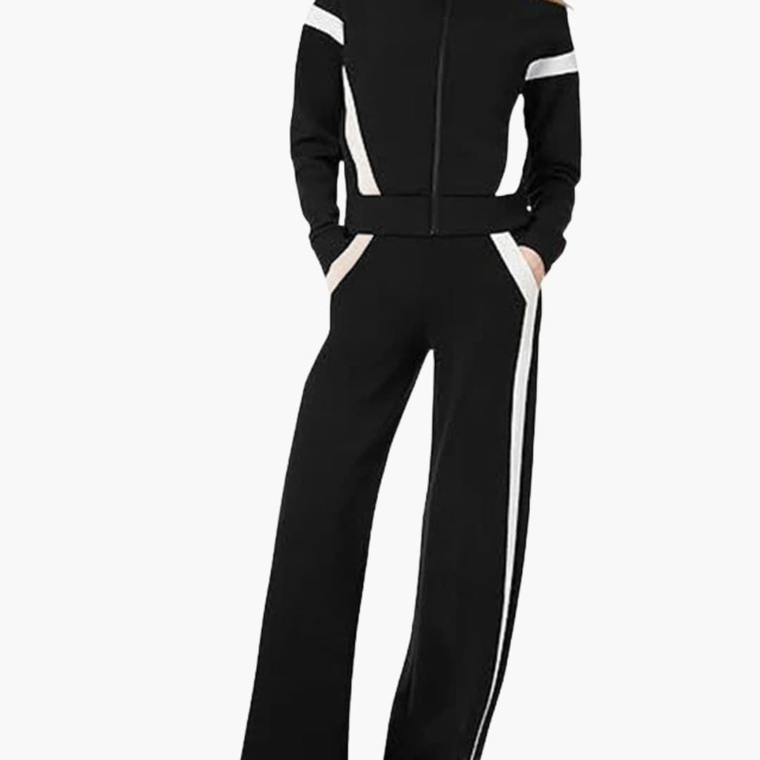 Women's athleisure zip-up jacket wide-leg pants set with front pockets, sporty lapel collar