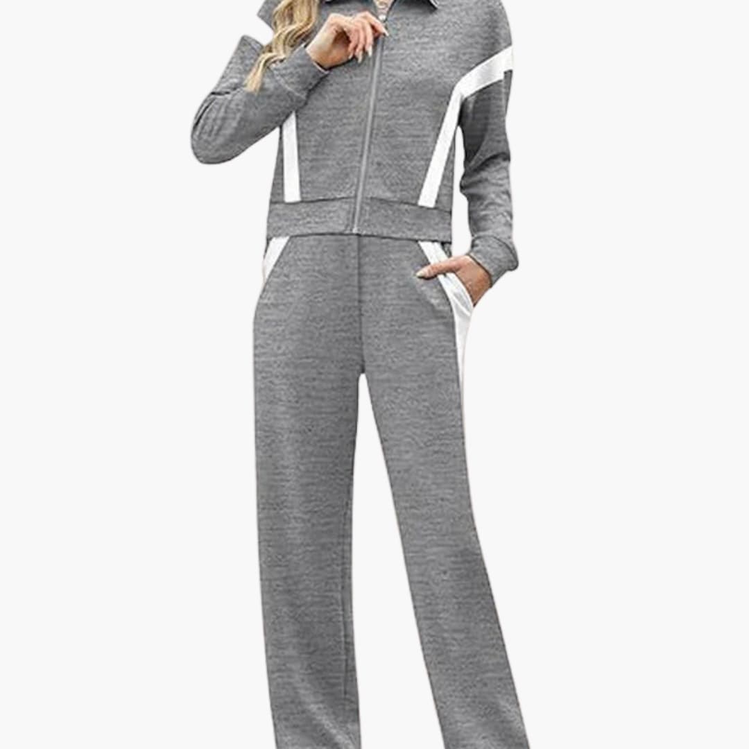 Women's athleisure zip-up jacket wide-leg pants set with front pockets, sporty lapel collar