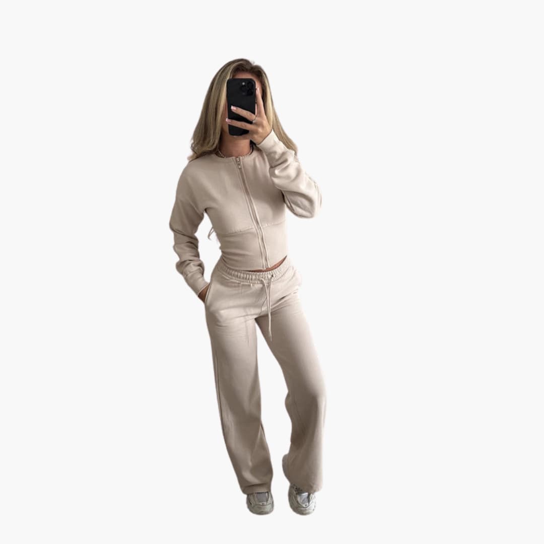 Women's gray zip-up cropped jacket and elastic waist pants two-piece athletic set