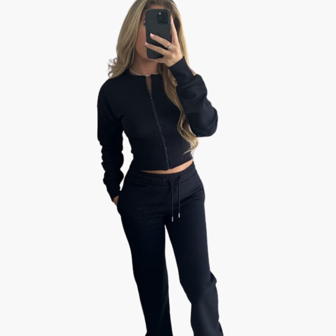 Women's gray cropped zip-up jacket and elastic waist pants two-piece athletic set