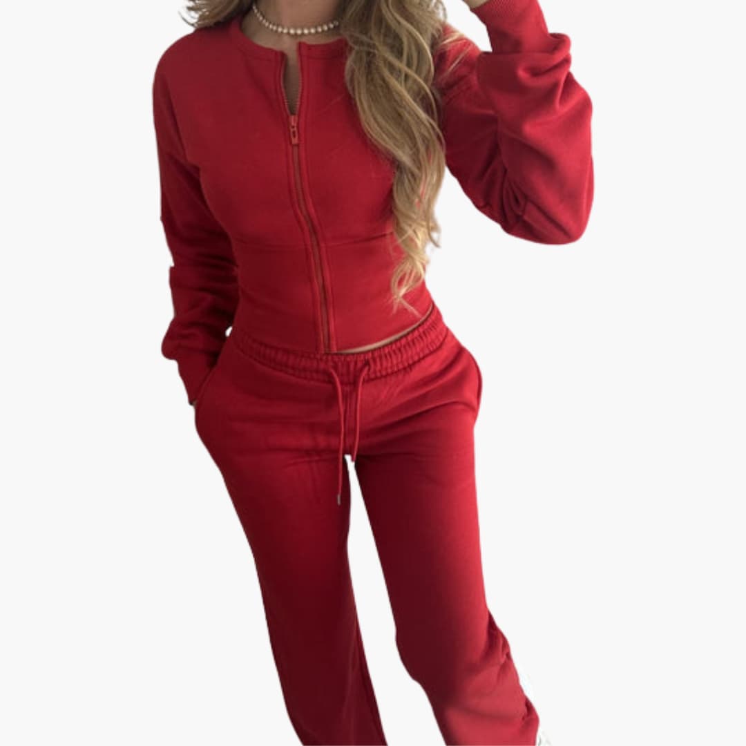 Women's gray two-piece sports set cropped zip-up jacket elastic waist pants athletic fit