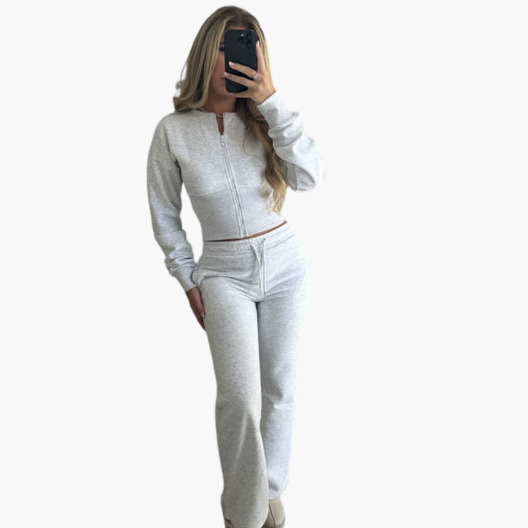Women's gray cropped zip-up jacket and elastic waist pants two-piece athletic set