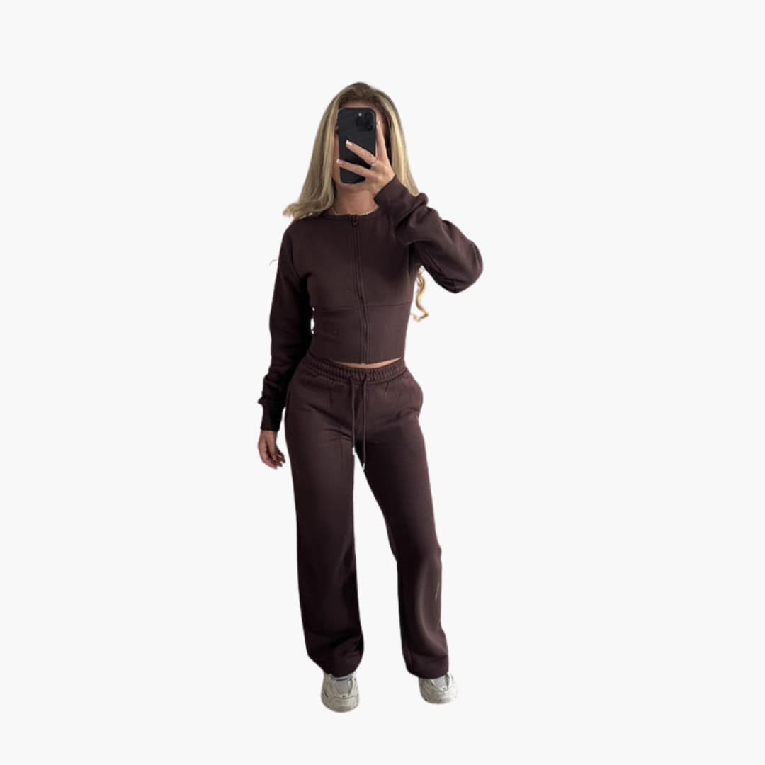 Women's gray cropped zip-up jacket and elastic waist pants two-piece athletic set
